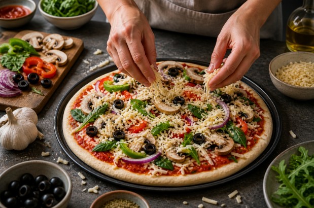 Vegan pizza preparation with fresh toppings and dairy-free cheese on the kitchen counter.