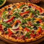 Vegan pizza with dairy-free cheese and fresh vegetables on a wooden table.