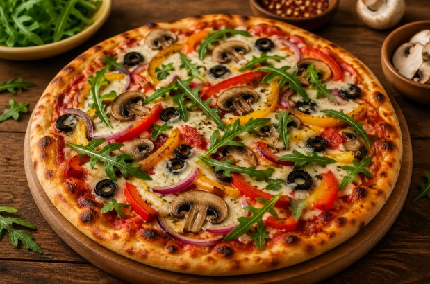 Vegan pizza with dairy-free cheese and fresh vegetables on a wooden table.