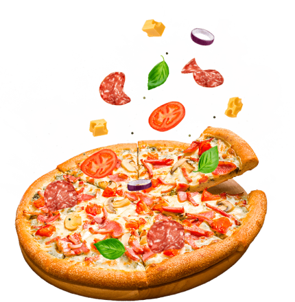 A vibrant pizza with mushrooms, tomatoes, salami, and basil sits on a wooden platter. Ingredients hover above, against a dark background, conveying a dynamic and fresh appeal.