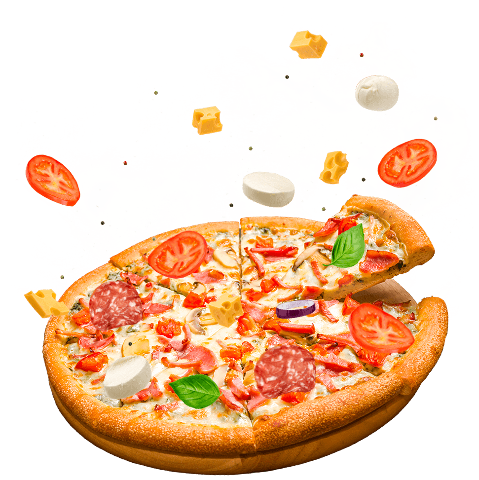 A pizza with thick crust on a wooden tray against a black background. Floating toppings include tomato slices, mozzarella, salami, cheese cubes, and basil.